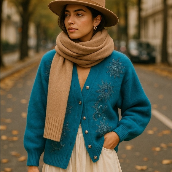 Rare Vintage Angora Embroidered Beaded NWT Dead-stock Turquoise Cardigan M - Picture 1 of 16
